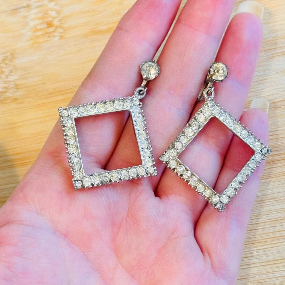 VTG Art Deco Screw‎ back Rhinestone Earrings Statement Dangle Silver Tone Rare